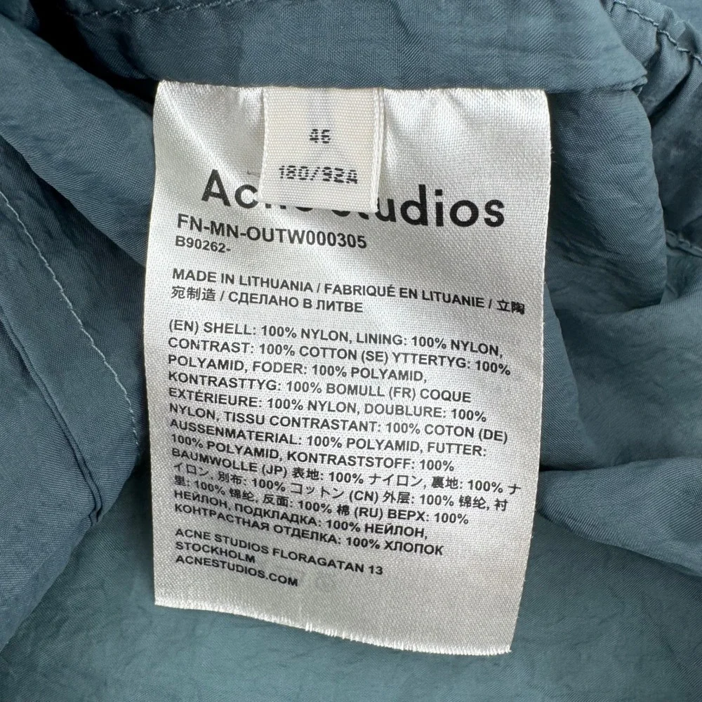 Acne Studios Anorak Jacket Mens 46 Teal Green Half Zip Nylon Windbreaker